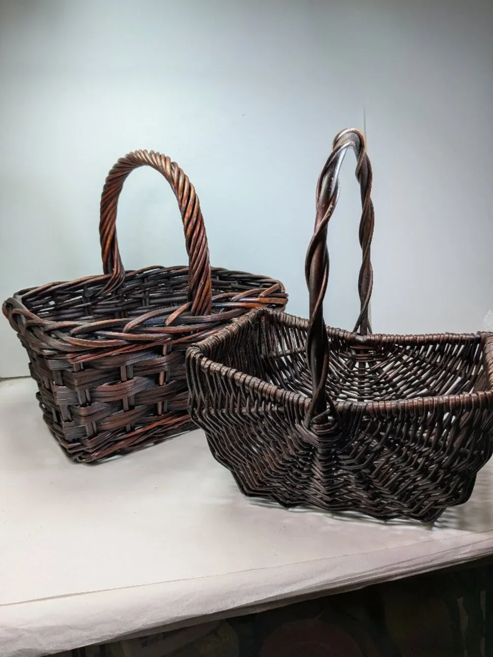 VTG Dark Espresso Wicker Basket Set of 2 High Twisted Handle Gathering Basket